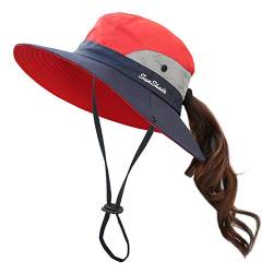 Muryobao Damen Sommer Mesh Breite Krempe Sonnenschutz UV Schutz Hut mit Pferdeschwanz Loch - Rot - Einheitsgröße von Muryobao