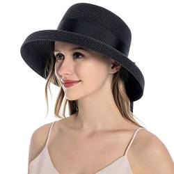 Muryobao Damen Sonnenhut Strohhut Sommer UV-Schutz Reise Faltbare Krempe Bucket Hat Vintage Cloche Strand Angelmütze, Schwarz, Einheitsgröße von Muryobao