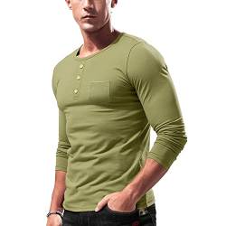 Herren Basic Langarmshirts Henley T-Shirts Lässig Vordertasche Muskel Unterhemden Oberteile Grün L von Muscle Alive