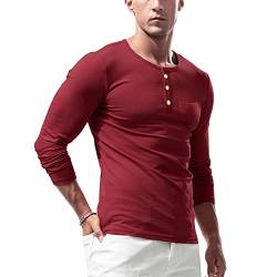 Herren Basic Langarmshirts Henley T-Shirts Lässig Vordertasche Muskel Unterhemden Oberteile Weinrot M von Muscle Alive