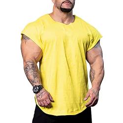 Herren Hemden T-Shirts Kurzarm Muskelschnitt T-Shirts zum Fitnesstraining Bodybuilding Tops 100% Gewaschene Baumwolle T1304 lockere Passform Gelb S von Muscle Alive