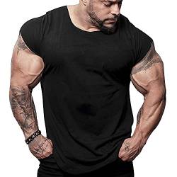 Herren Hemden T-Shirts Kurzarm Muskelschnitt T-Shirts zum Fitnesstraining Bodybuilding Tops 100% Gewaschene Baumwolle T1304 lockere Passform Schwarz L von Muscle Alive