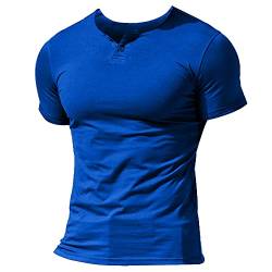 Herren Henley Beiläufig Kurzarm T-Shirt Single Taste Knopfleiste Einfacher V-Ausschnitt Hemden Baumwolle Color Blau Size Large von Muscle Alive