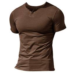 Herren Henley Beiläufig Kurzarm T-Shirt Single Taste Knopfleiste Einfacher V-Ausschnitt Hemden Baumwolle Color Brown Size Medium von Muscle Alive