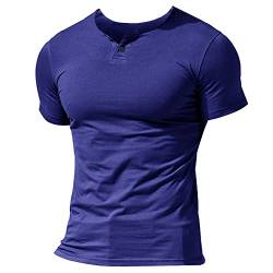 Herren Henley Beiläufig Kurzarm T-Shirt Single Taste Knopfleiste Einfacher V-Ausschnitt Hemden Baumwolle Color Dunkelblau Size Medium von Muscle Alive