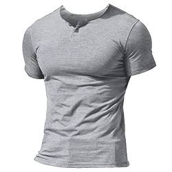 Herren Henley Beiläufig Kurzarm T-Shirt Single Taste Knopfleiste Einfacher V-Ausschnitt Hemden Baumwolle Color Grau Size Small von Muscle Alive