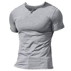 Herren Henley Beiläufig Kurzarm T-Shirt Single Taste Knopfleiste Einfacher V-Ausschnitt Hemden Baumwolle Color Grau Size X-Large von Muscle Alive