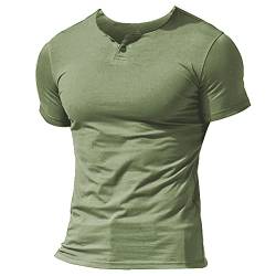 Herren Henley Beiläufig Kurzarm T-Shirt Single Taste Knopfleiste Einfacher V-Ausschnitt Hemden Baumwolle Color Grün Size XX-Large von Muscle Alive