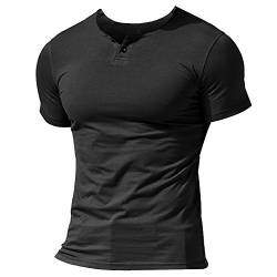 Herren Henley Beiläufig Kurzarm T-Shirt Single Taste Knopfleiste Einfacher V-Ausschnitt Hemden Baumwolle Color Schwarz Size X-Large von Muscle Alive