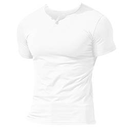 Herren Henley Beiläufig Kurzarm T-Shirt Single Taste Knopfleiste Einfacher V-Ausschnitt Hemden Baumwolle Color Weiß Size Large von Muscle Alive