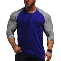 Herren Konisch Henley 3/4 Ärmel T-Shirts Lässig Raglan T-Stück Slim-Fit Muskeloberteile Blau/Hellgrau XL von Muscle Alive