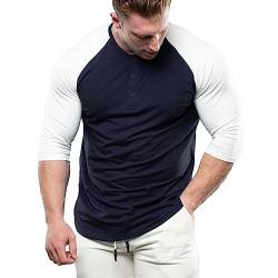 Herren Konisch Henley 3/4 Ärmel T-Shirts Lässig Raglan T-Stück Slim-Fit Muskeloberteile Dunkelblau/Weiß M von Muscle Alive