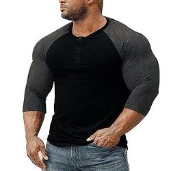 Herren Konisch Henley 3/4 Ärmel T-Shirts Lässig Raglan T-Stück Slim-Fit Muskeloberteile Schwarz/Dunkelgrau XXL von Muscle Alive