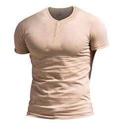 Herren Slub Henley T-Shirt Kurz Ärmel Leicht Entspannt Passen Beiläufig mit 3 Knöpfen Knopfleiste Rundhals Hemden Aprikose M von Muscle Alive