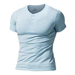 Herren Slub Henley T-Shirt Kurz Ärmel Leicht Entspannt Passen Beiläufig mit 3 Knöpfen Knopfleiste Rundhals Hemden Hellblau S von Muscle Alive