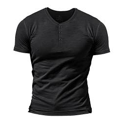 Herren Slub Henley T-Shirt Kurz Ärmel Leicht Entspannt Passen Beiläufig mit 3 Knöpfen Knopfleiste Rundhals Hemden Schwarz L von Muscle Alive