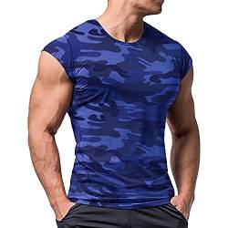 Herren Sportlich T-Shirts Tees Kurz Ärmel Bodybuilding Trainieren Ausbildung Fitness Tops Crew Hals Baumwolle Blau Camo S von Muscle Alive