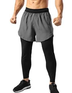 Muscle Alive Herren 2 in 1 Kompressions Leggings Laufhosen Workout Shorts Handytaschen Jogginghose Hosen Dunkelgrau XL von Muscle Alive