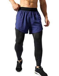 Muscle Alive Herren 2 in 1 Kompressions Leggings Laufhosen Workout Shorts Handytaschen Jogginghose Hosen Navy blau XL von Muscle Alive