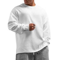 Muscle Alive Herren Basic Langarmshirts Waffel Sweatshirt Lockere Trainieren Zur Seite Fahren Rundhalsausschnitt Shirt Weiß M von Muscle Alive