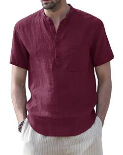 Muscle Cmdr Herren Baumwolle Henley Shirt Hemd Kurzarm Sommer Freizeithemd Regular Fit Strand-T-Shirt Rot 2XL von Muscle Cmdr