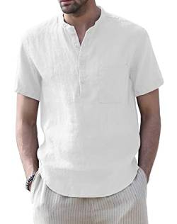 Muscle Cmdr Herren Baumwolle Henley Shirt Hemd Kurzarm Sommer Freizeithemd Regular Fit Strand-T-Shirt Weiss 2XL von Muscle Cmdr