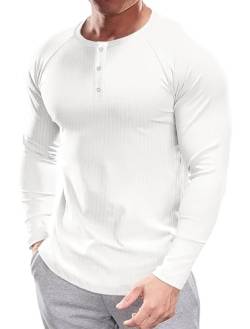 Muscle Cmdr Herren Henley Casua Langarm T-Shirt Casual 3-Knopfleiste, Langarmshirt Regualar Fit Stilvolles T-Shirt,Thermounterwäsche Weiß XL von Muscle Cmdr