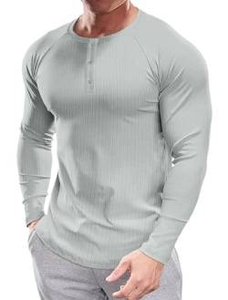 Muscle Cmdr Herren Henley Casua Langarm T-Shirt Casual 3-Knopfleiste, Langarmshirt Regualar Fit Stilvolles T-Shirt,Thermounterwäsche grau XL von Muscle Cmdr