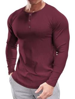 Muscle Cmdr Herren Henley Casua Langarm T-Shirt Casual 3-Knopfleiste, Langarmshirt Regualar Fit Stilvolles T-Shirt,Thermounterwäsche rot L von Muscle Cmdr