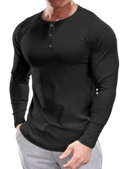 Muscle Cmdr Herren Henley Casua Langarm T-Shirt Casual 3-Knopfleiste, Langarmshirt Regualar Fit Stilvolles T-Shirt,Thermounterwäsche schwarz M von Muscle Cmdr