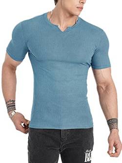 Muscle Cmdr Herren Slim Fit Langarmshirt Shirts V-Ausschnitt,Langarm&Kurzarm Sports Casual T-Shirt Muskel Workout Top Unterhemden (Blau-Kurzarm/M) von Muscle Cmdr