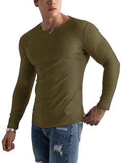 Muscle Cmdr Herren Slim Fit Langarmshirt Shirts V-Ausschnitt,Langarm&Kurzarm Sports Casual T-Shirt Muskel Workout Top Unterhemden (Braun-grün/2XL) von Muscle Cmdr