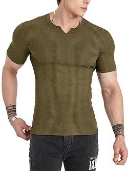 Muscle Cmdr Herren Slim Fit Langarmshirt Shirts V-Ausschnitt,Langarm&Kurzarm Sports Casual T-Shirt Muskel Workout Top Unterhemden (Braun-grün-Kurzarm/L) von Muscle Cmdr
