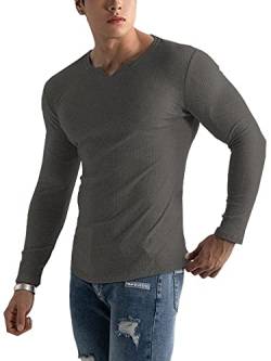 Muscle Cmdr Herren Slim Fit Langarmshirt Shirts V-Ausschnitt,Langarm&Kurzarm Sports Casual T-Shirt Muskel Workout Top Unterhemden (Grau/M) von Muscle Cmdr