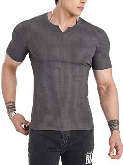 Muscle Cmdr Herren Slim Fit Langarmshirt Shirts V-Ausschnitt,Langarm&Kurzarm Sports Casual T-Shirt Muskel Workout Top Unterhemden (Grau-Kurzarm/M) von Muscle Cmdr