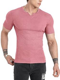 Muscle Cmdr Herren Slim Fit Langarmshirt Shirts V-Ausschnitt,Langarm&Kurzarm Sports Casual T-Shirt Muskel Workout Top Unterhemden (Rosa-Kurzarm/L) von Muscle Cmdr