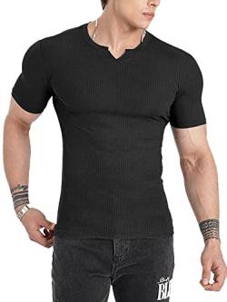 Muscle Cmdr Herren Slim Fit Langarmshirt Shirts V-Ausschnitt,Langarm&Kurzarm Sports Casual T-Shirt Muskel Workout Top Unterhemden (Schwarz-Kurzarm/2XL) von Muscle Cmdr