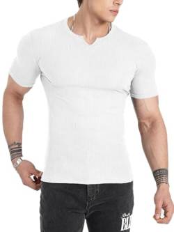 Muscle Cmdr Herren Slim Fit Langarmshirt Shirts V-Ausschnitt,Langarm&Kurzarm Sports Casual T-Shirt Muskel Workout Top Unterhemden (Weiß-Kurzarm/2XL) von Muscle Cmdr
