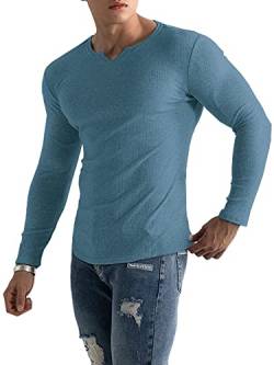 Muscle Cmdr Herren Slim Fit Langarmshirt Shirts V-Ausschnitt,Langarm&Kurzarm Sports Casual T-Shirt Muskel Workout Top Unterhemden (blau/M) von Muscle Cmdr