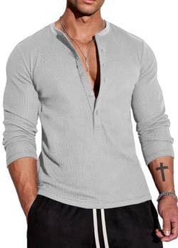 Muscle Cmdr Herren Waffel-Henley-Hemden,Casua Langarm T-Shirt Casual 5-Knopfleiste, Langarmshirt Regualar Fit Stilvolles T-Shirt,Thermounterwäsche Grau, M von Muscle Cmdr