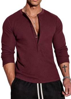 Muscle Cmdr Herren Waffel-Henley-Hemden,Casua Langarm T-Shirt Casual 5-Knopfleiste, Langarmshirt Regualar Fit Stilvolles T-Shirt,Thermounterwäsche Rot, 2XL von Muscle Cmdr