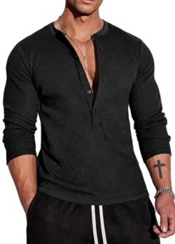 Muscle Cmdr Herren Waffel-Henley-Hemden,Casua Langarm T-Shirt Casual 5-Knopfleiste, Langarmshirt Regualar Fit Stilvolles T-Shirt,Thermounterwäsche Schwarz, 2XL von Muscle Cmdr