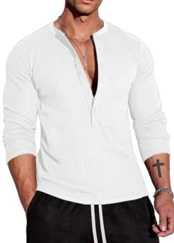 Muscle Cmdr Herren Waffel-Henley-Hemden,Casua Langarm T-Shirt Casual 5-Knopfleiste, Langarmshirt Regualar Fit Stilvolles T-Shirt,Thermounterwäsche Weiß, L von Muscle Cmdr