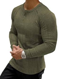 Muscle Cmdr Muscle Henley Shirt Herren Langarm, Slim-fit Langarmshirt, Freizeit T-Shirt aus Baumwolle mit Kurzen/Langen Ärmeln,Schlanke Passform Geripptes Hemd Armeegrün/2XL von Muscle Cmdr