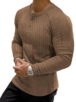 Muscle Cmdr Muscle Henley Shirt Herren Langarm, Slim-fit Langarmshirt, Freizeit T-Shirt aus Baumwolle mit Kurzen/Langen Ärmeln,Schlanke Passform Geripptes Hemd Braun/L von Muscle Cmdr