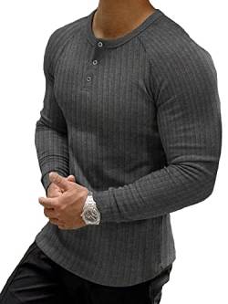 Muscle Cmdr Muscle Henley Shirt Herren Langarm, Slim-fit Langarmshirt, Freizeit T-Shirt aus Baumwolle mit Kurzen/Langen Ärmeln,Schlanke Passform Geripptes Hemd Dunkelgrau/L von Muscle Cmdr