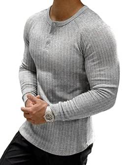 Muscle Cmdr Muscle Henley Shirt Herren Langarm, Slim-fit Langarmshirt, Freizeit T-Shirt aus Baumwolle mit Kurzen/Langen Ärmeln,Schlanke Passform Geripptes Hemd Grau/L von Muscle Cmdr