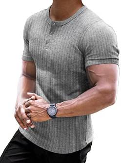Muscle Cmdr Muscle Henley Shirt Herren Langarm, Slim-fit Langarmshirt, Freizeit T-Shirt aus Baumwolle mit Kurzen/Langen Ärmeln,Schlanke Passform Geripptes Hemd Grau/M von Muscle Cmdr