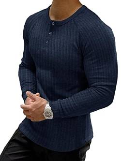 Muscle Cmdr Muscle Henley Shirt Herren Langarm, Slim-fit Langarmshirt, Freizeit T-Shirt aus Baumwolle mit Kurzen/Langen Ärmeln,Schlanke Passform Geripptes Hemd Navy Blau/2XL von Muscle Cmdr