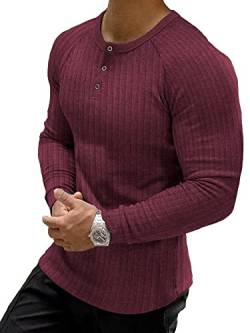 Muscle Cmdr Muscle Henley Shirt Herren Langarm, Slim-fit Langarmshirt, Freizeit T-Shirt aus Baumwolle mit Kurzen/Langen Ärmeln,Schlanke Passform Geripptes Hemd Rot/M von Muscle Cmdr